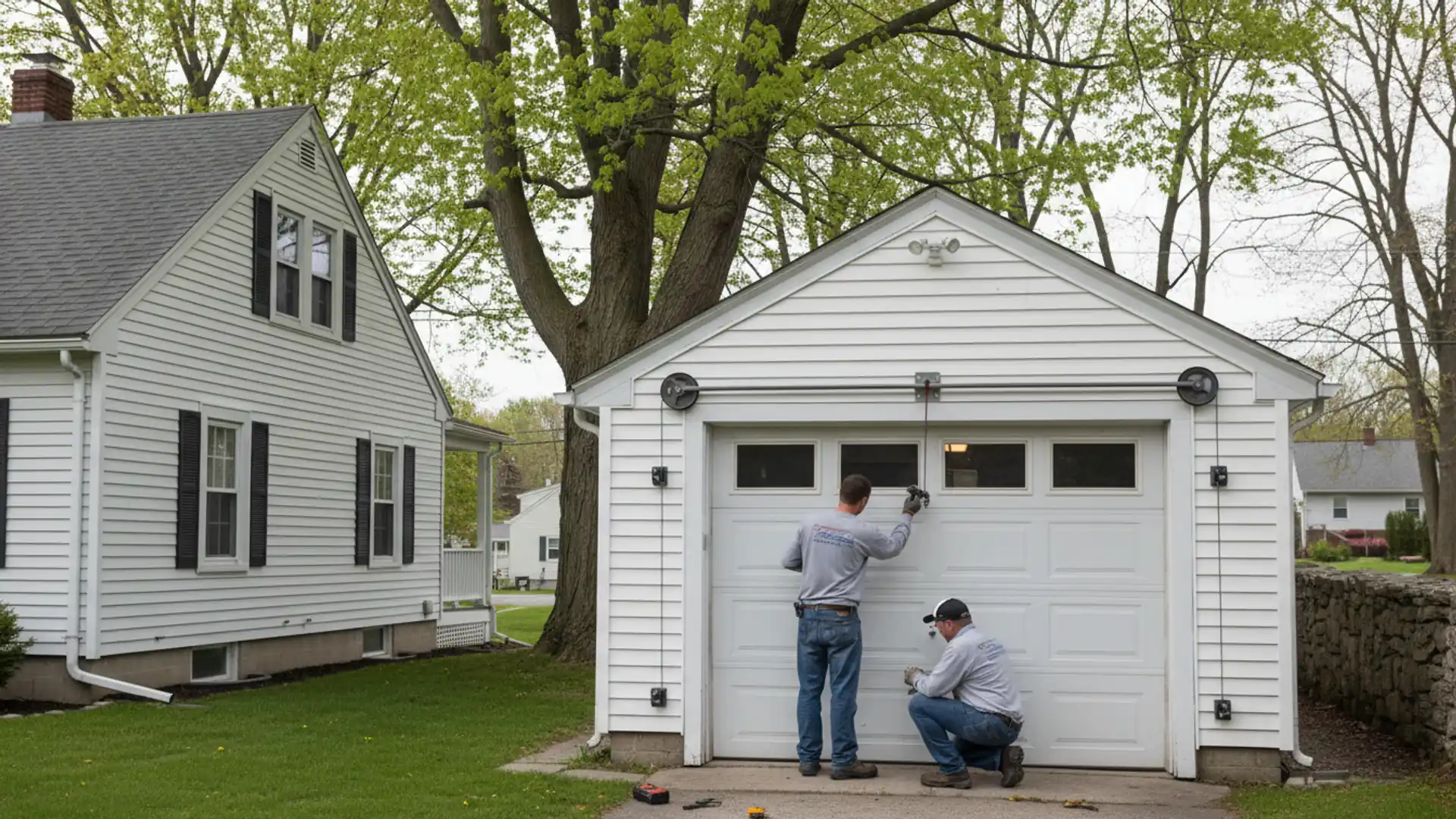 Detached single-car garage with a white raised-panel door behind a postwar cape in New Britain