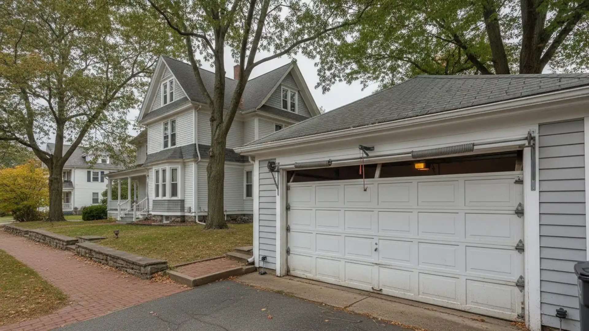 Detached garage with a weathered white sectional door behind a Victorian two-family house in New Haven