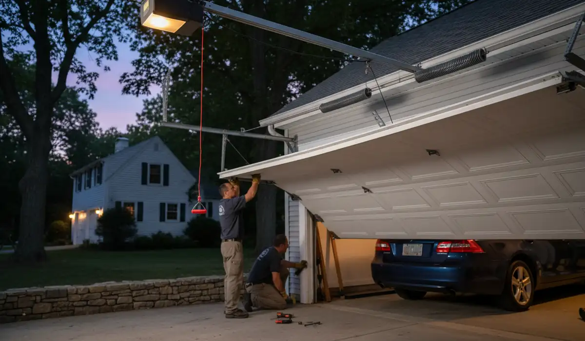 Red emergency release cord hanging from a garage door opener trolley