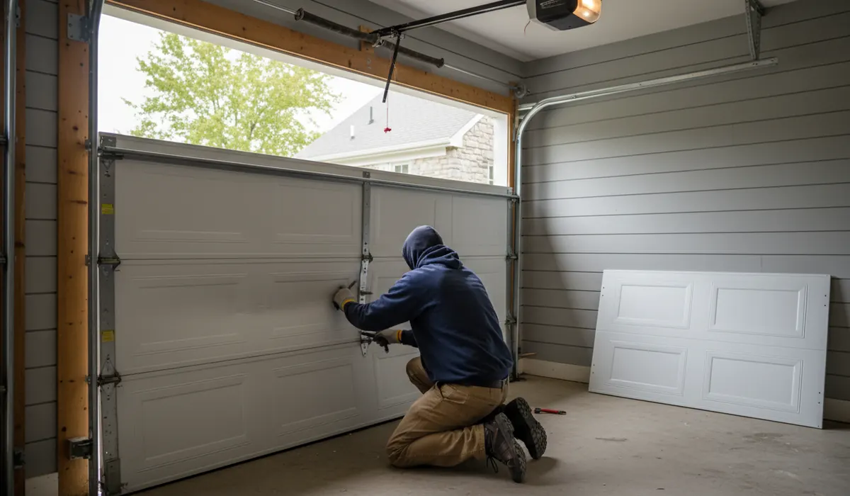 Technician removing a damaged bottom section from a sectional garage door