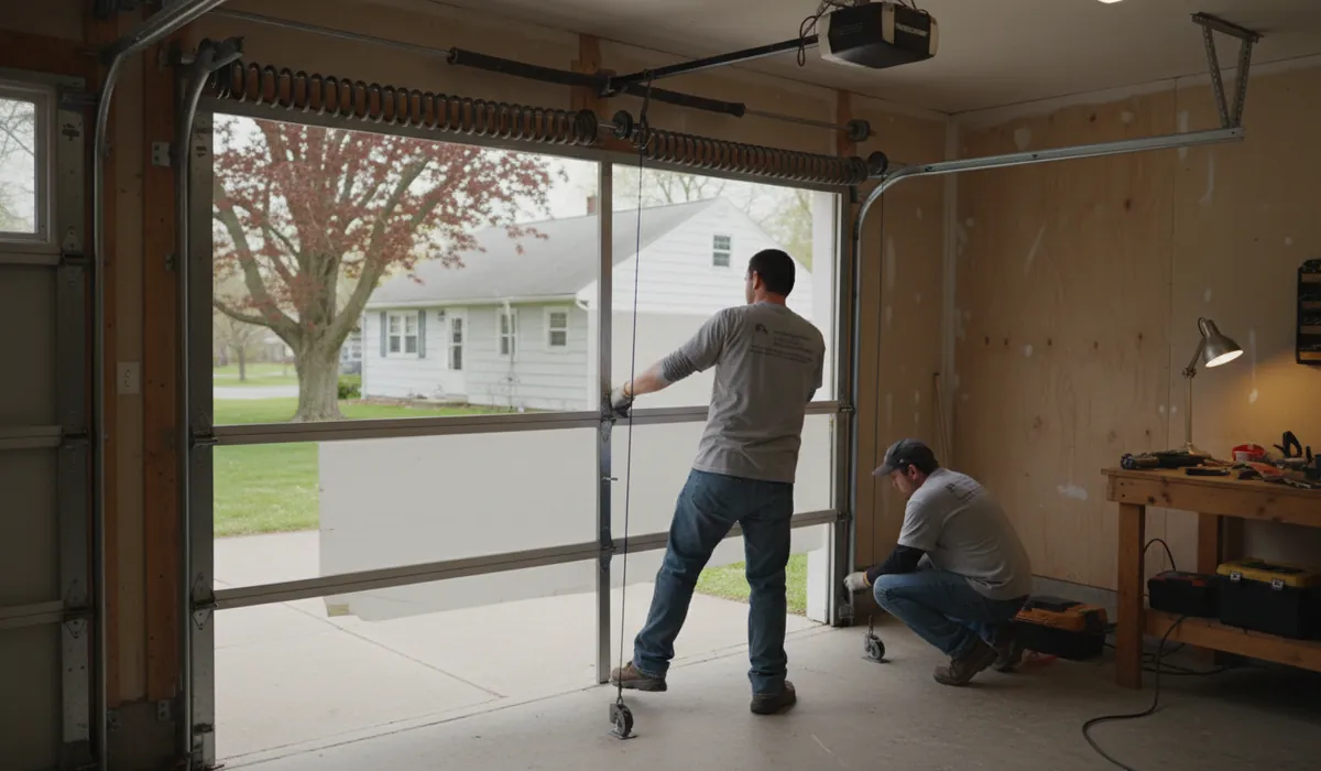 Older single-car garage door with extension springs and safety cables along the tracks