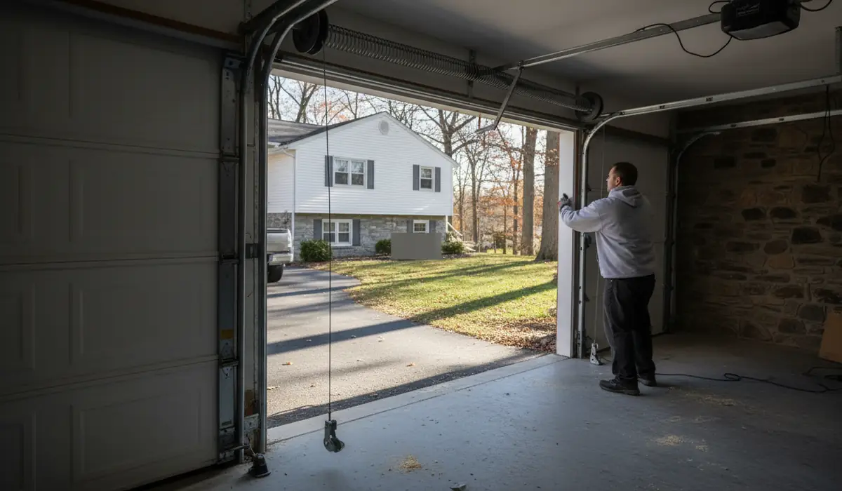 Uneven gap under a garage door closing onto a sloped concrete floor