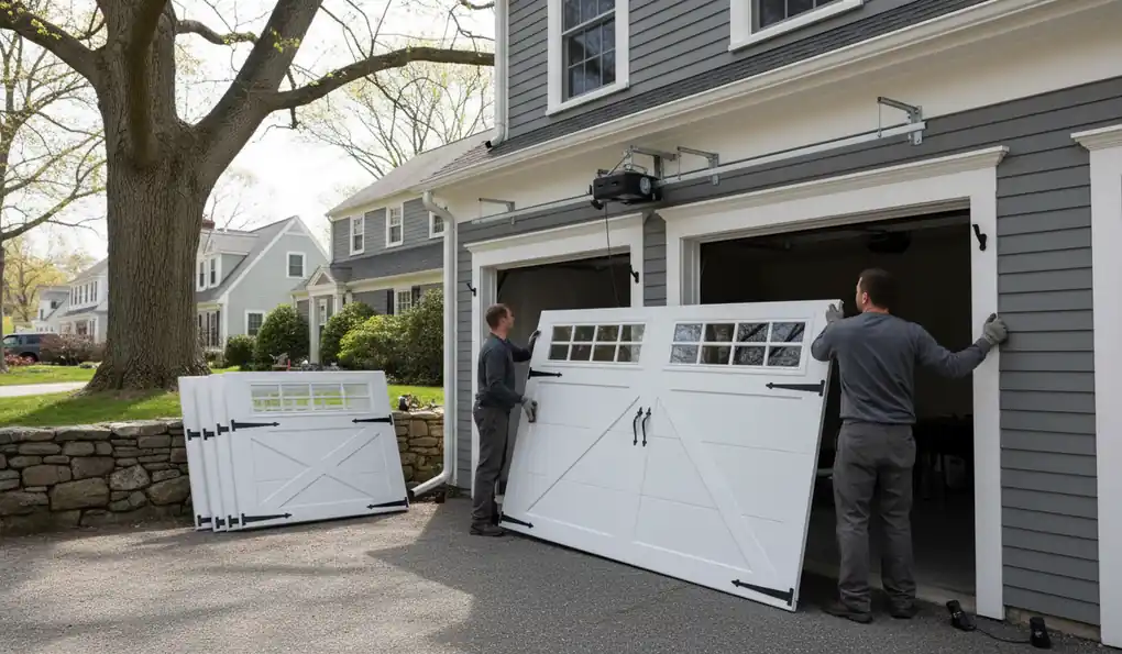 Installer setting the bottom section of a new sectional garage door into the tracks