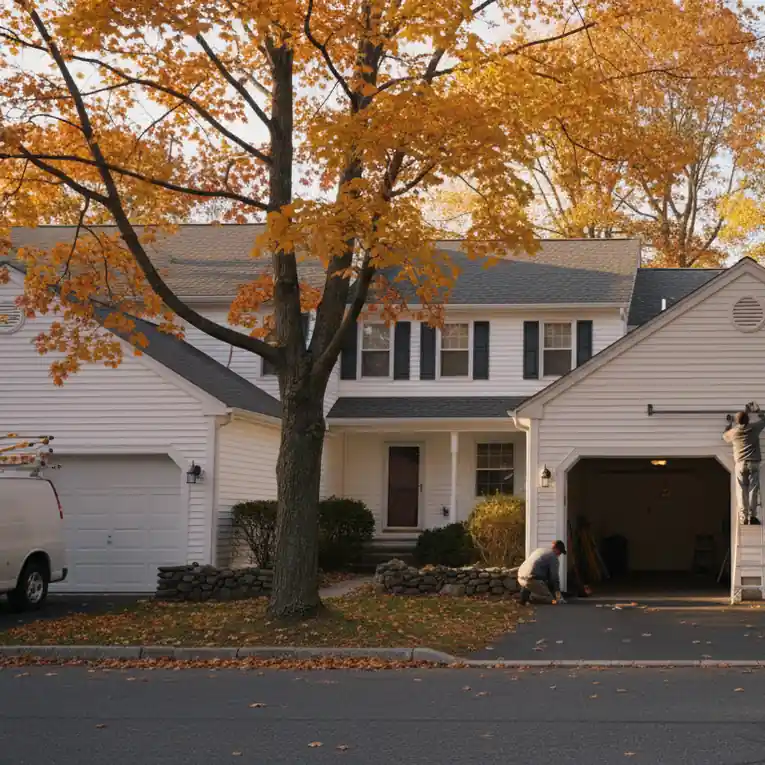 Row of colonial homes with attached garages on a tree-lined Connecticut street in autumn